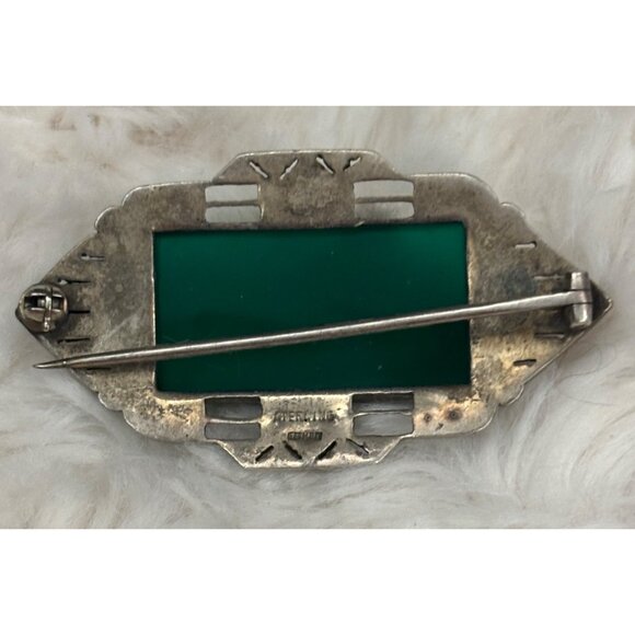 Vintage 1930s Art Deco Sterling Silver Green Agate & Marcasite Brooch - Germany - Picture 9 of 12